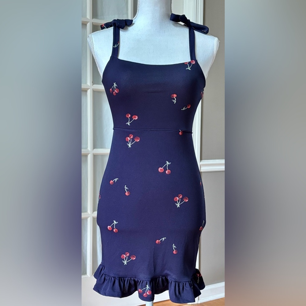 Urban Outfitters Cherry Print Mini Dress XS Navy Tie Strap Y2K Coquette